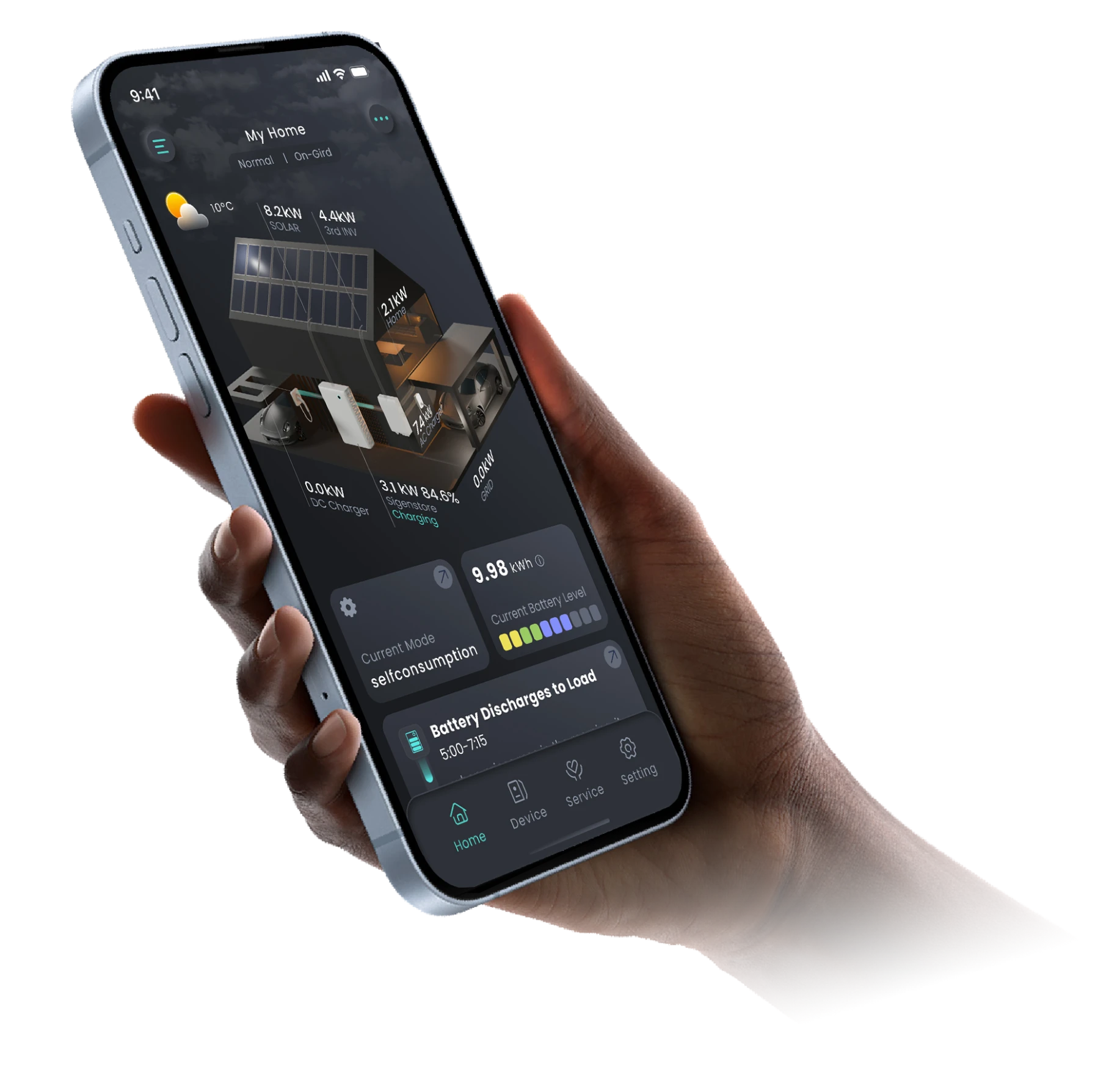 De mySigen-app in de hand: live 3D-energiestroom van zonnepanelen, batterij, huis en auto (officiele productafbeelding Sigenergy)